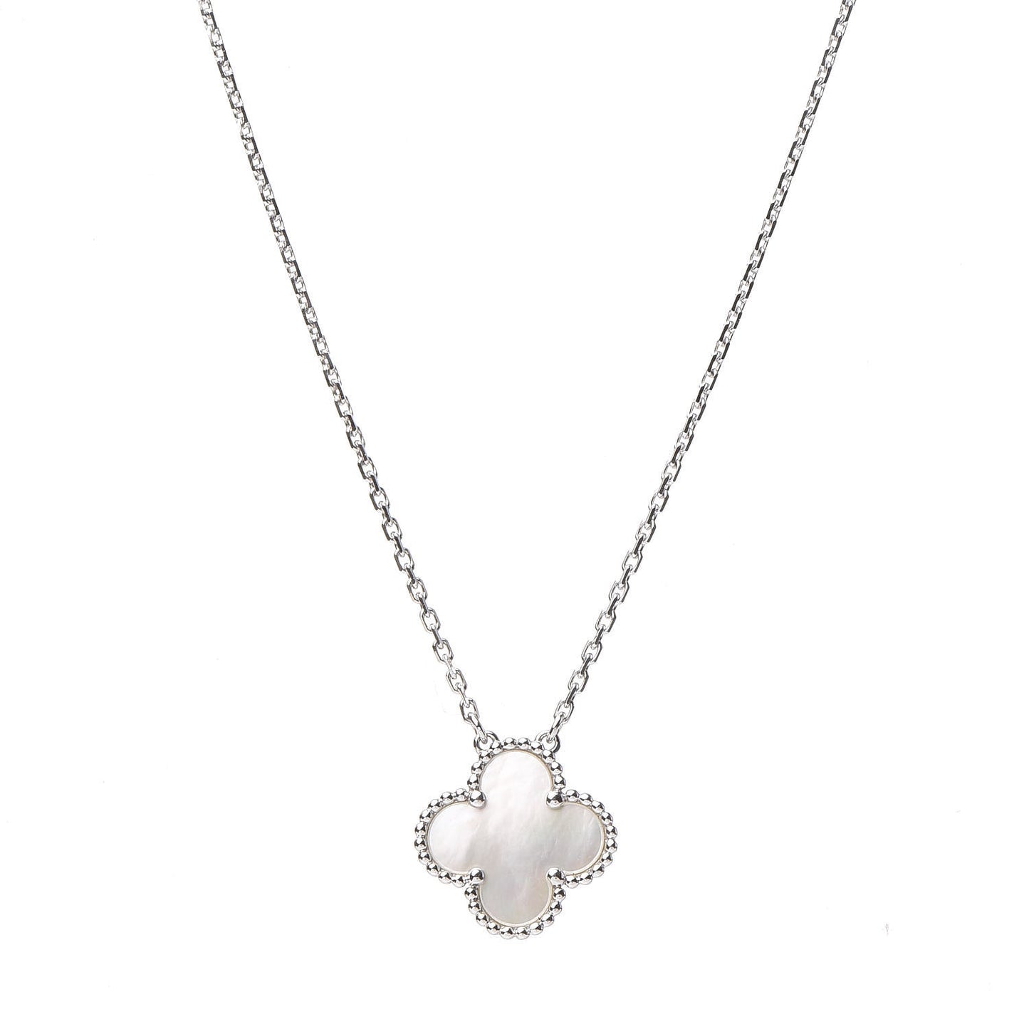 18K White Gold Mother of Pearl Vintage Alhambra Pendant Necklace