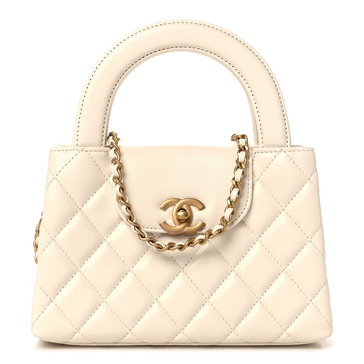 Shiny Aged Calfskin Quilted Nano Kelly Shopper White