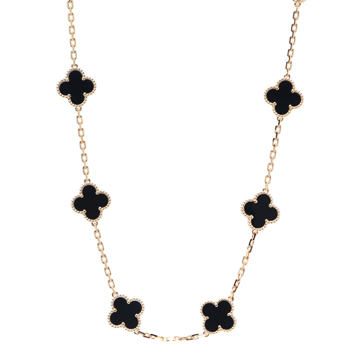 18K Yellow Gold Black Onyx 10 Motifs Vintage Alhambra Necklace