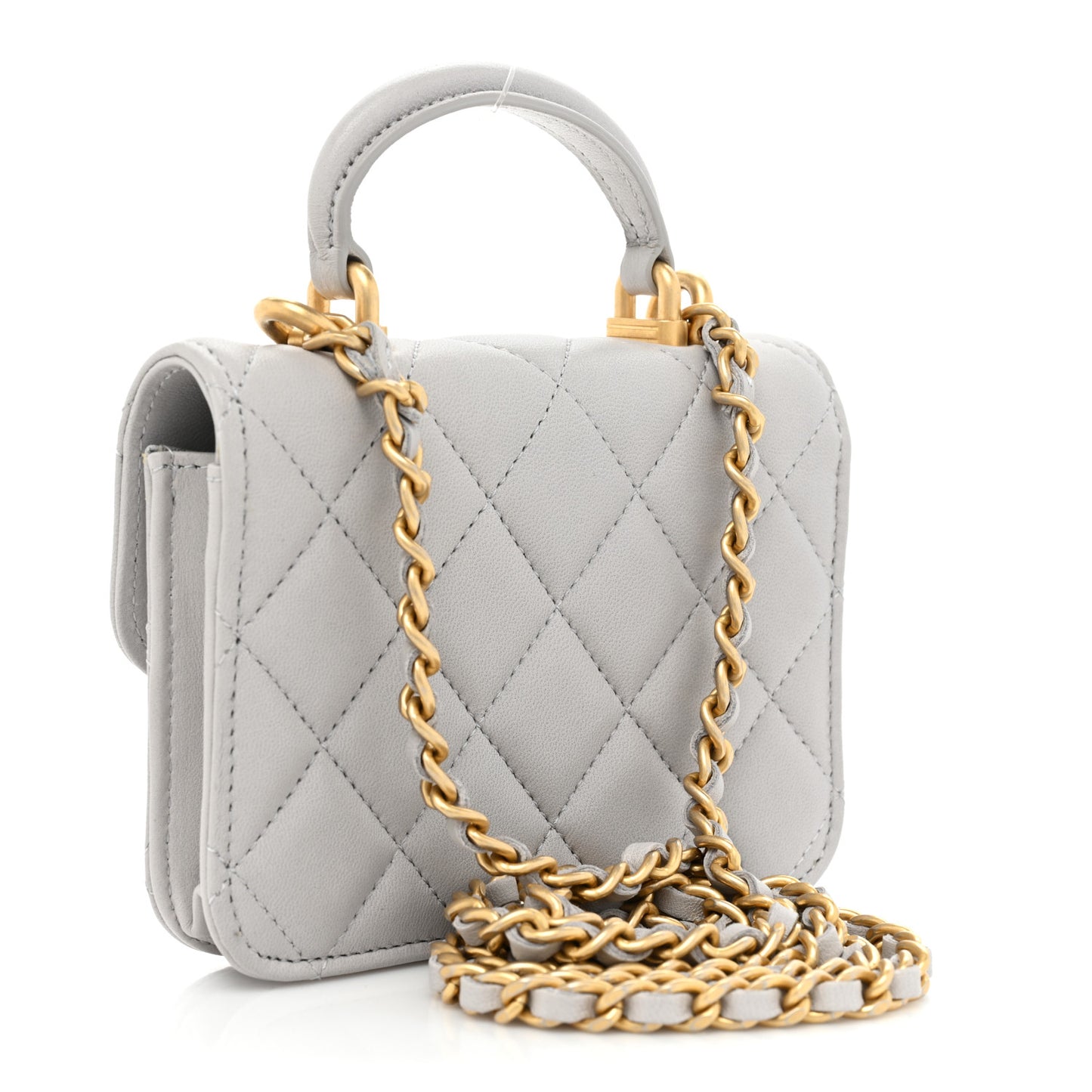 Lambskin Quilted Top Handle Flap Coin Purse With Chain Grey
