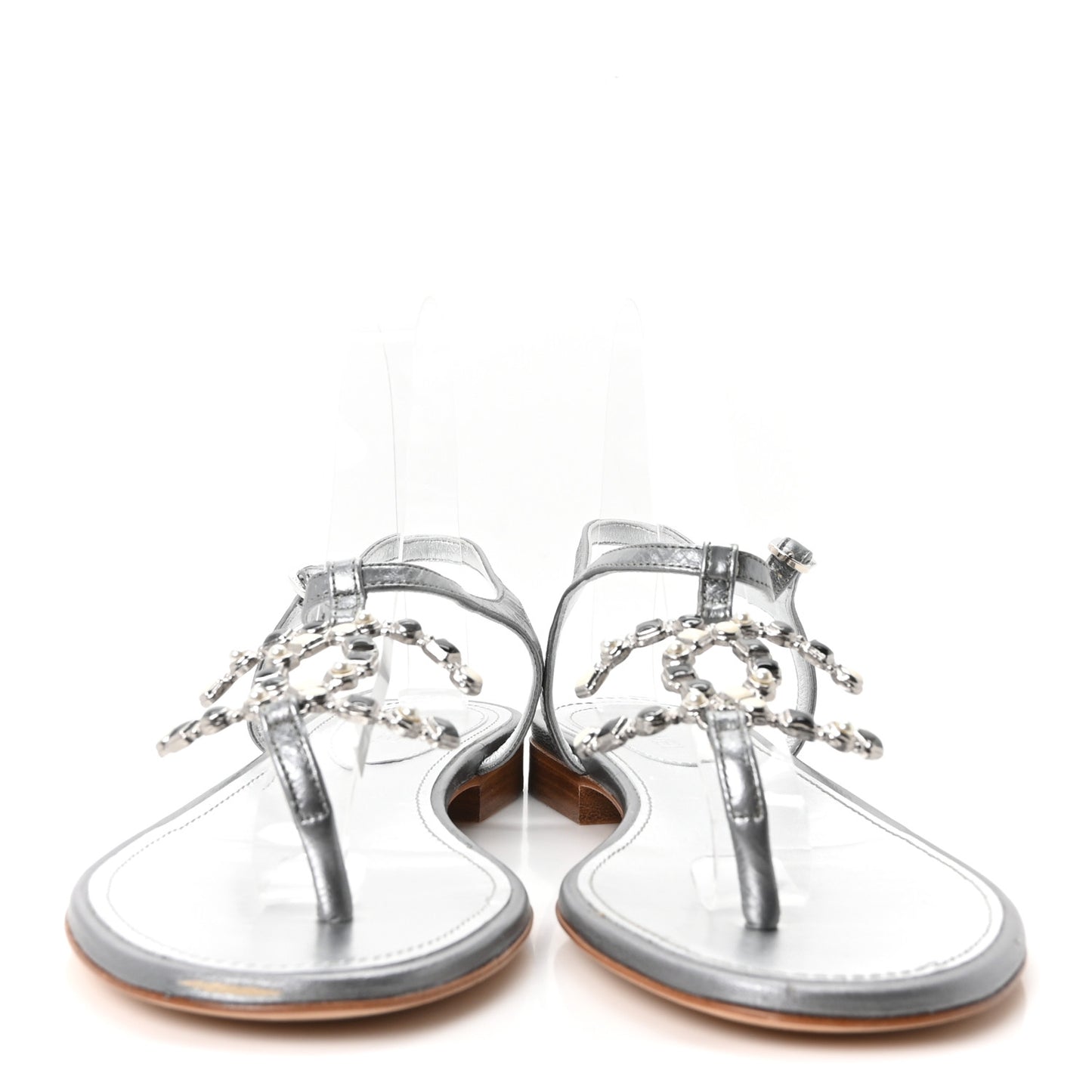 Metallized Lambskin CC Crystal Thong Sandals 38 Silver