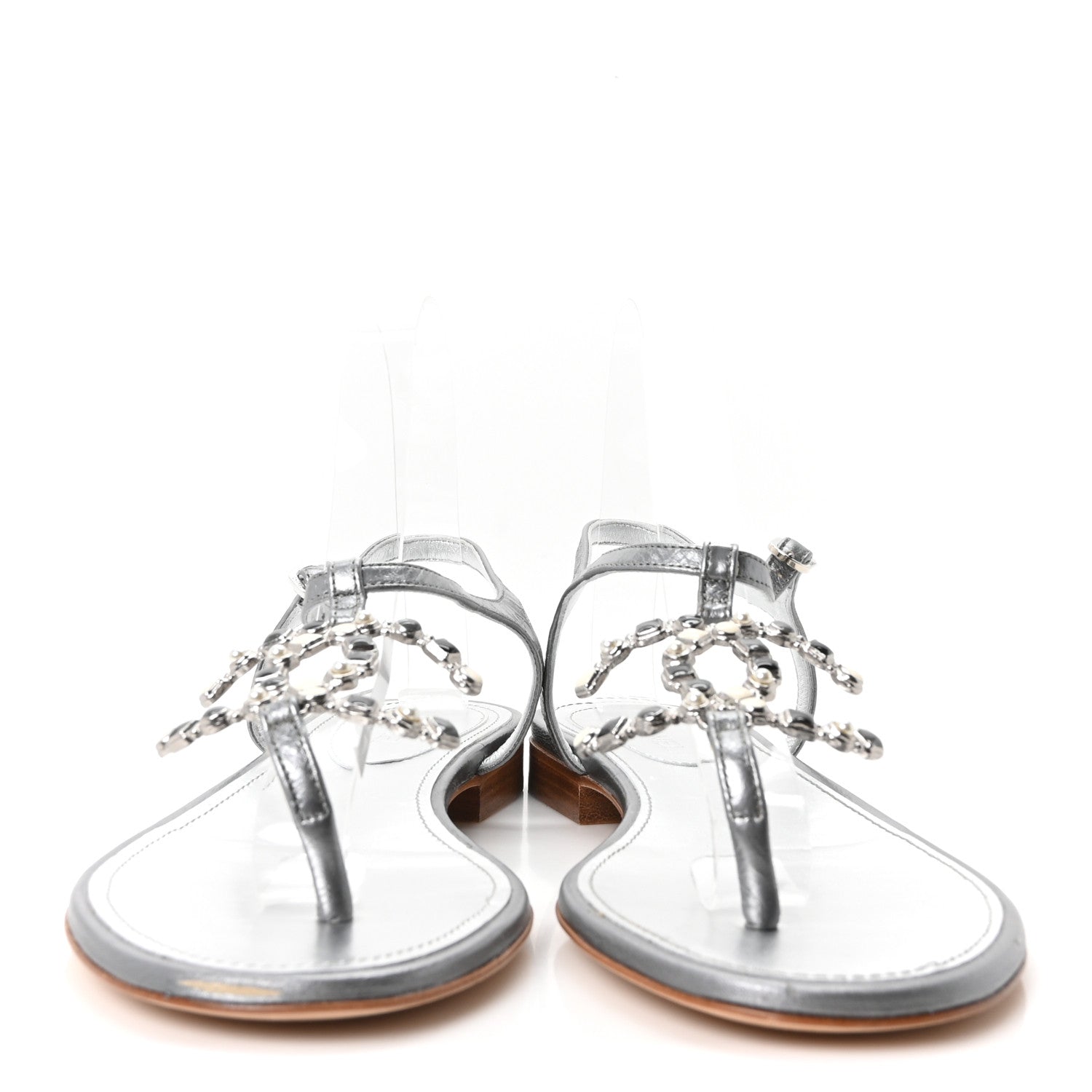 Chanel Metallized Lambskin CC Crystal Thong Sandals 38 Silver 3 of 9
