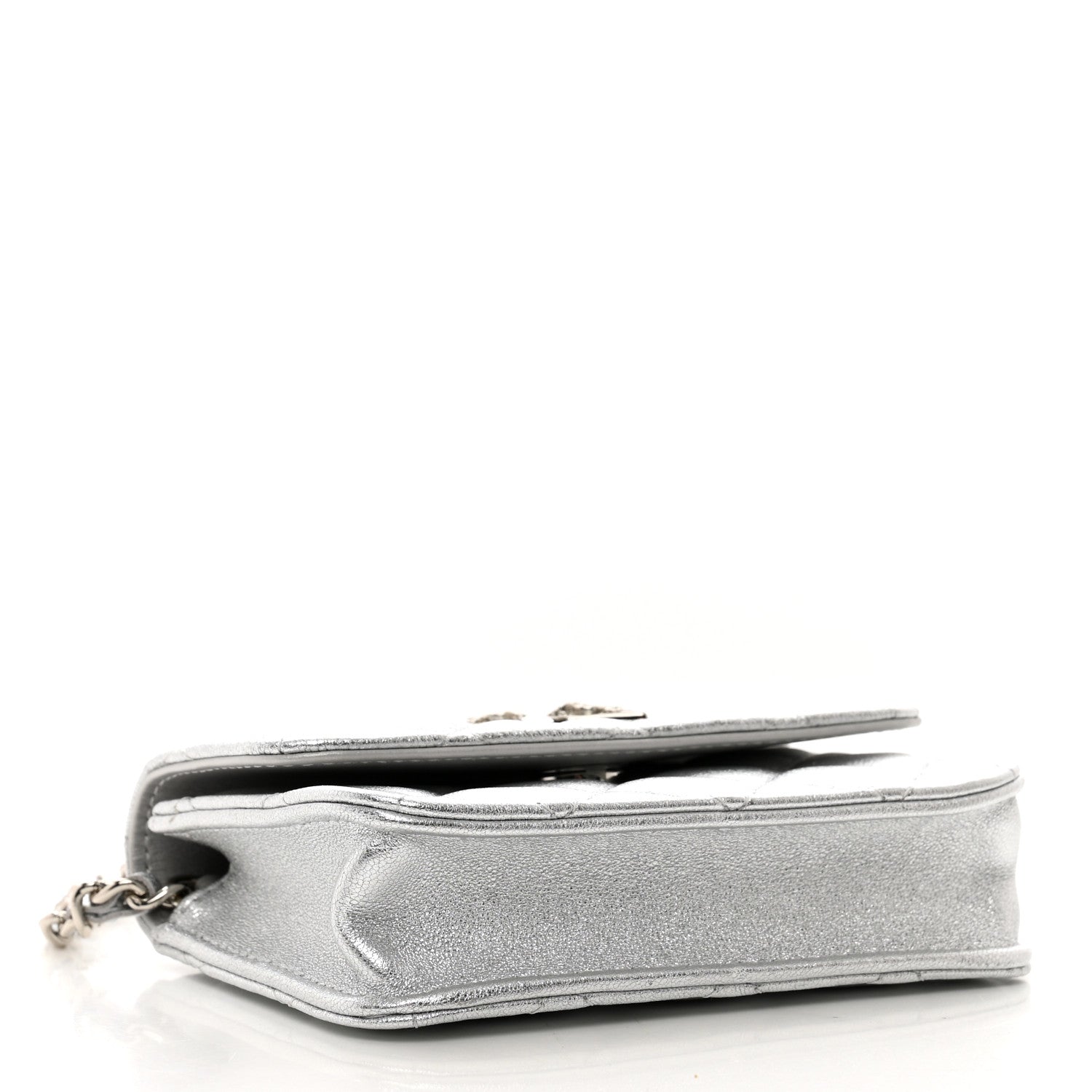 Chanel Metallic Goatskin Quilted Crystal CC Walk Of Fame Clutch With Chain Silver 4 of 12