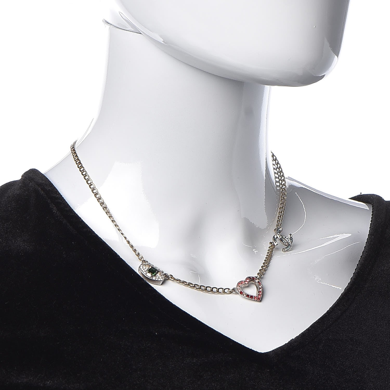 Chanel Crystal Eye Heart CC Charm Necklace Gold Silver 2 of 6
