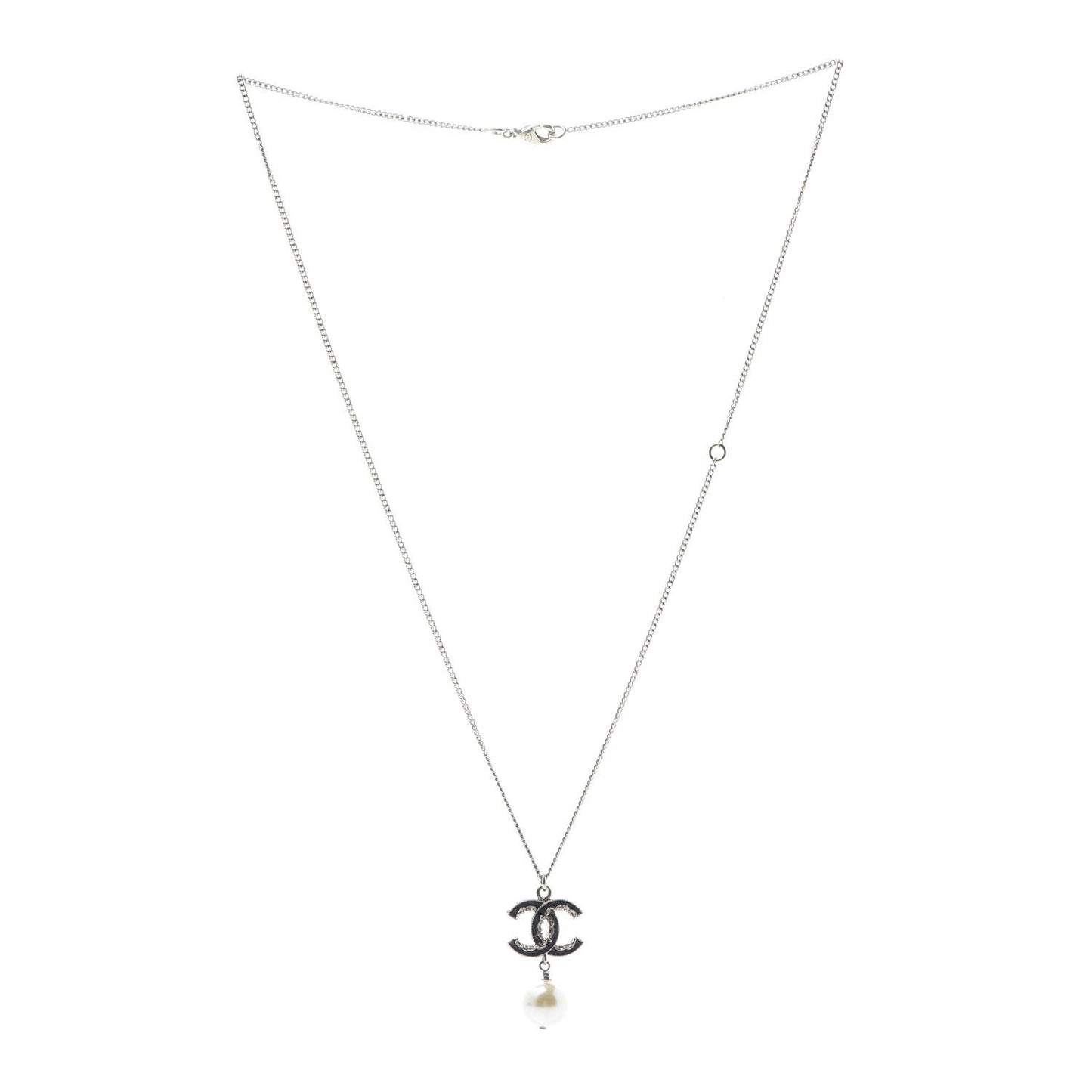 Enamel CC Baroque Pearl Drop Necklace Black Gold