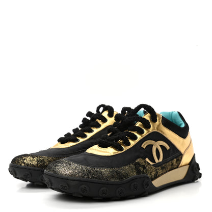 Chanel Metallic Lambskin Satin Finish Womens CC Sneakers 37.5 Black Gold 3 of 8