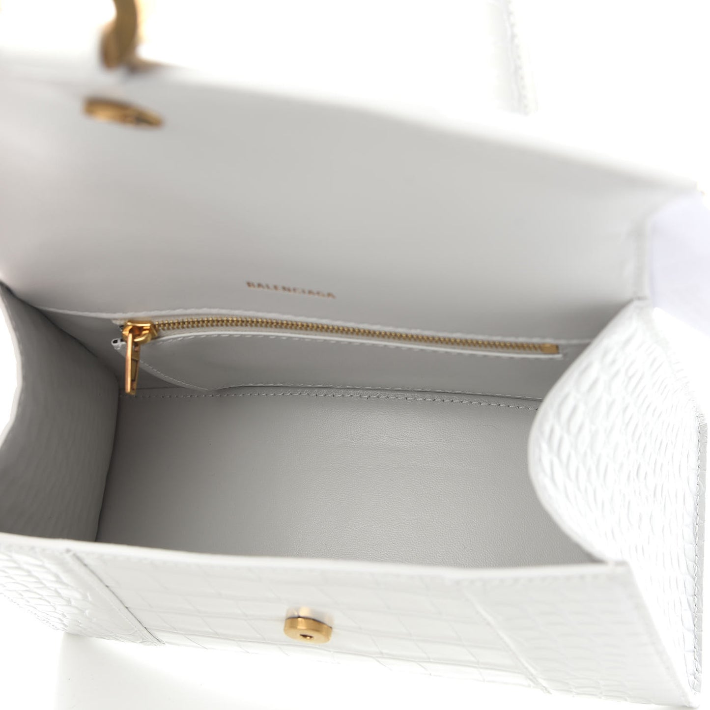 Shiny Calfskin Crocodile Embossed Small Hourglass Top Handle Bag White
