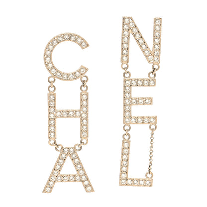 Chanel Crystal Cha-Nel Logo Drop Earrings Gold 1 of 4