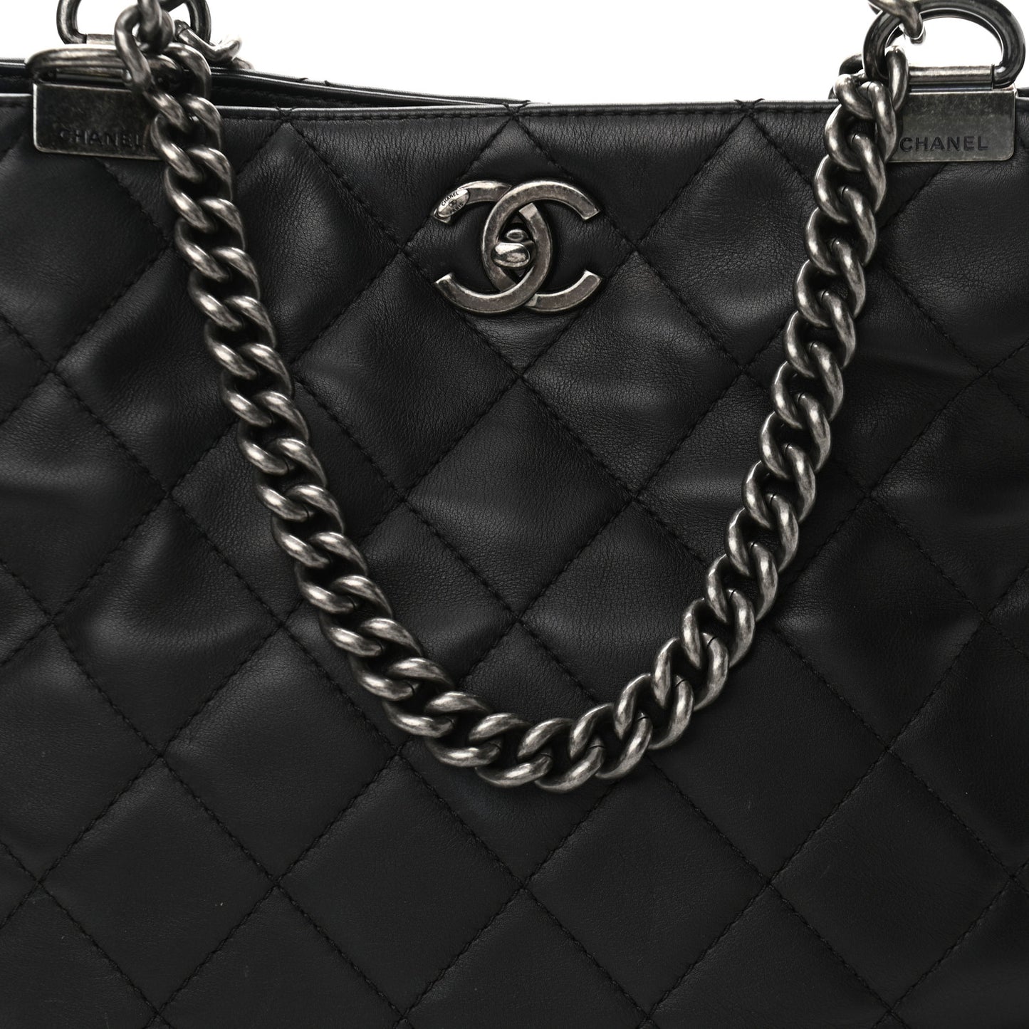 Sheepskin Quilted Chain Handle Large Shopping Tote Black