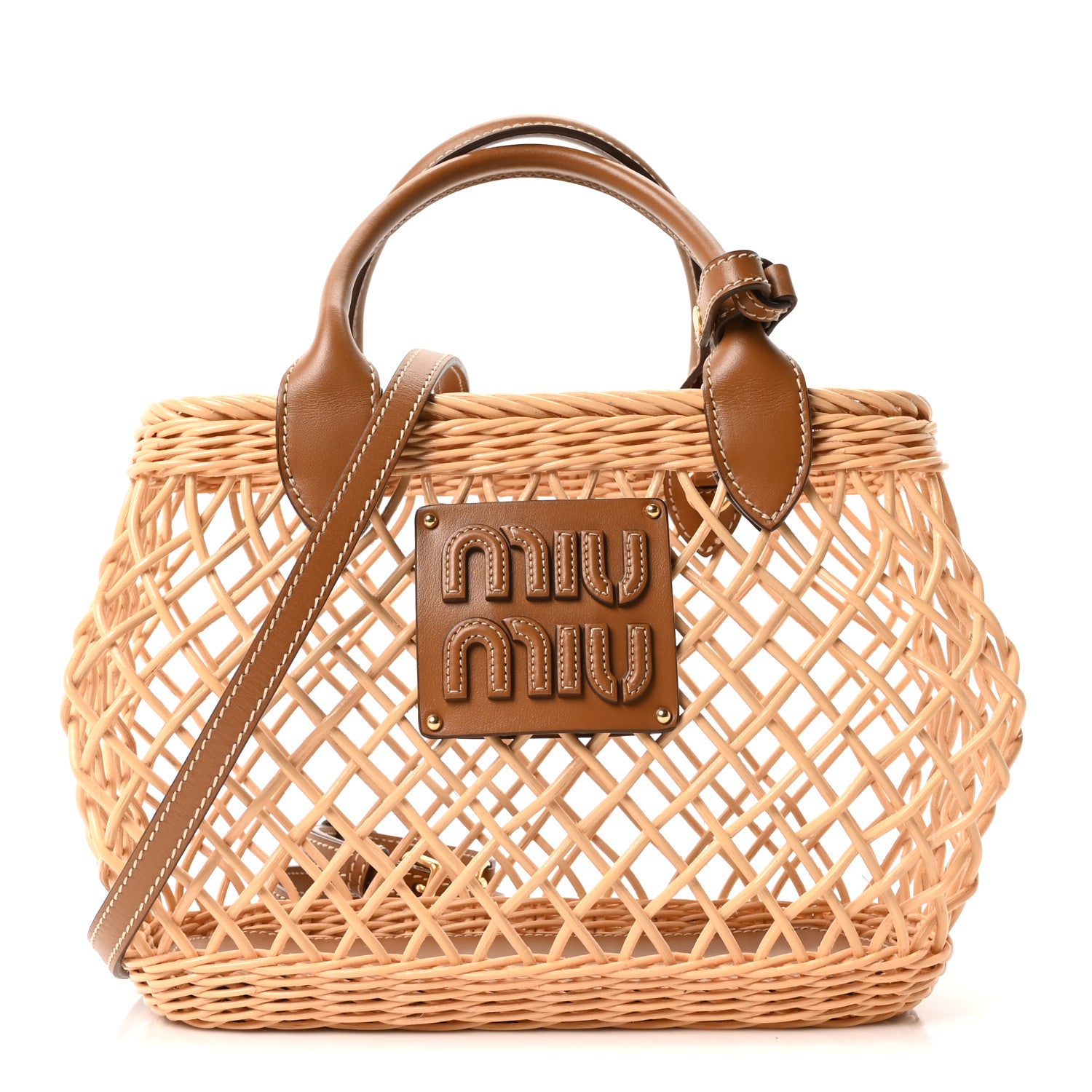 Miu Miu Woven Fabric Calfskin Logo Basket Bag Naturale Caramel 1 of 10