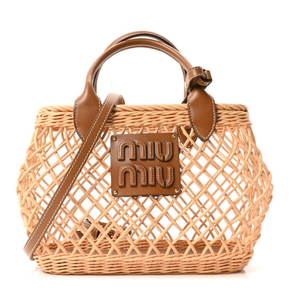 Miu Miu Woven Fabric Calfskin Logo Basket Bag Naturale Caramel 1 of 10