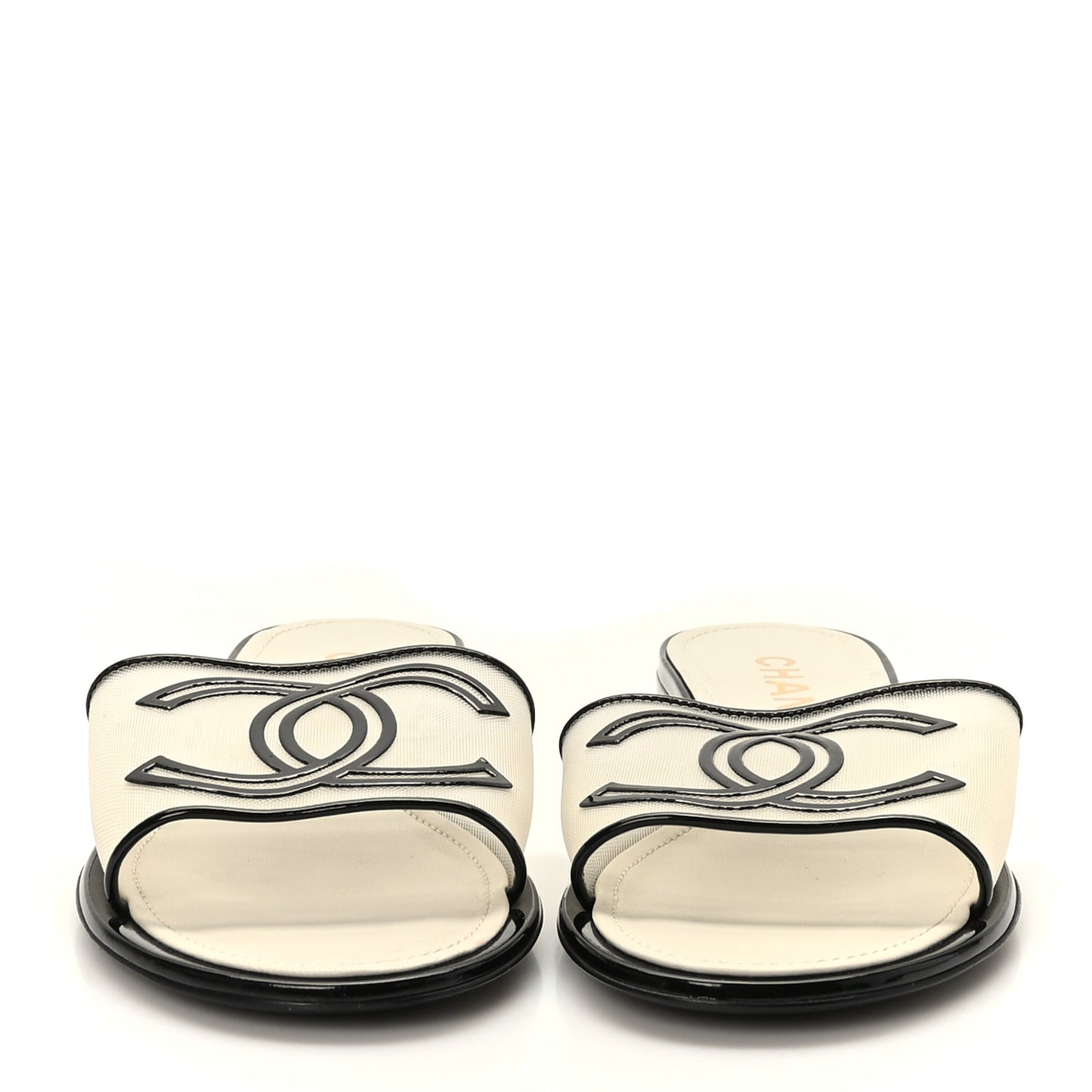 Mesh Patent Calfskin CC Sandal Mule 39.5 Beige Black