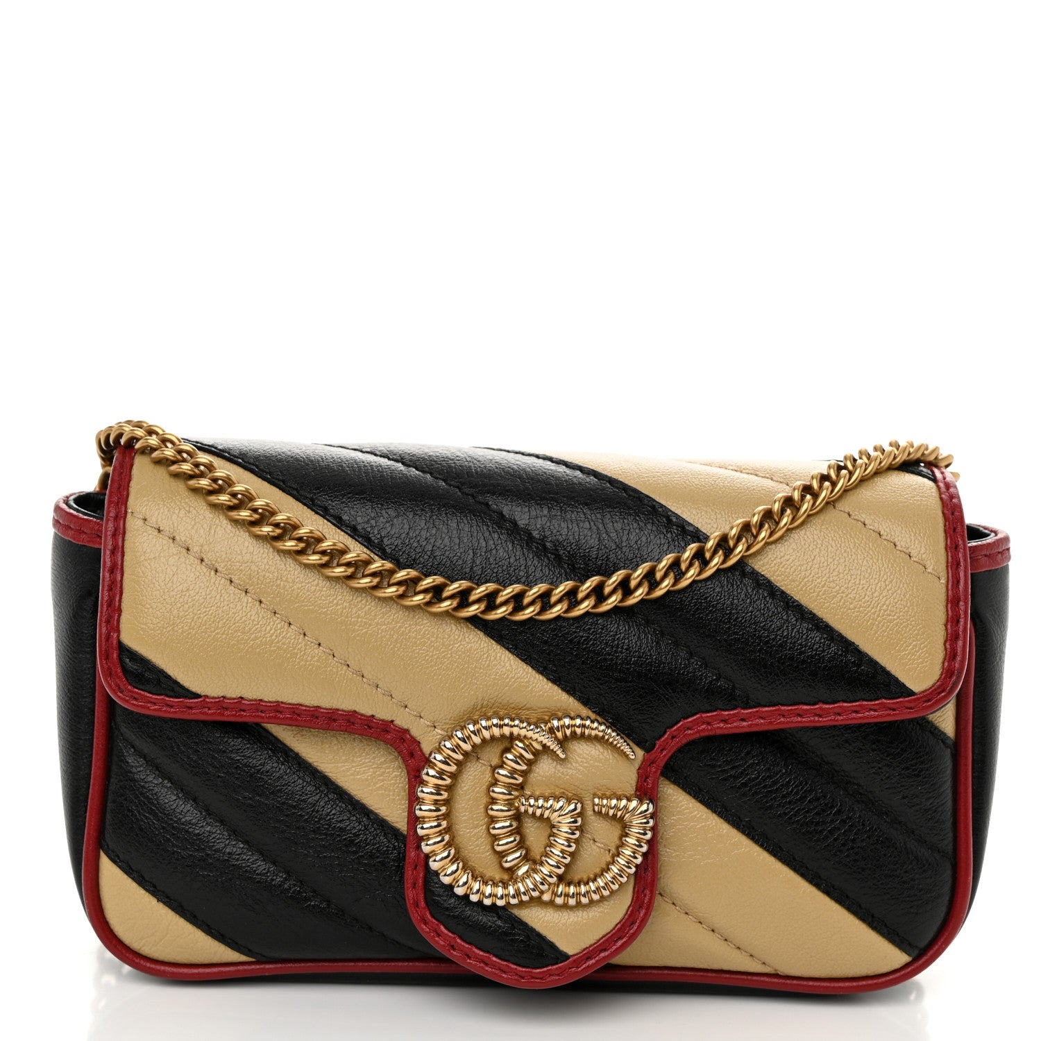 Gucci Vintage Effect Calfskin Matelasse Diagonal Striped Super Mini Torchon GG Marmont Shoulder Bag Black Beige 1 of 10