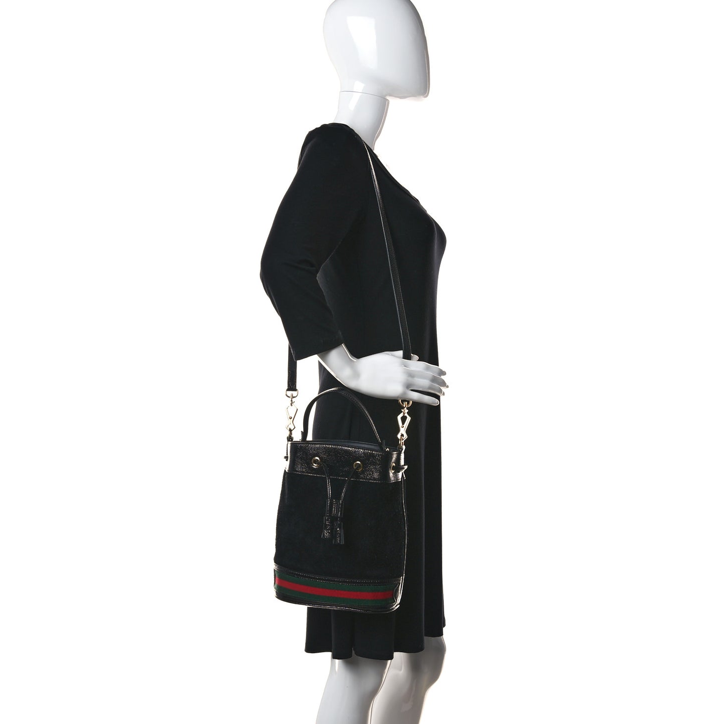 Suede Patent Web Small Ophidia Bucket Bag Black