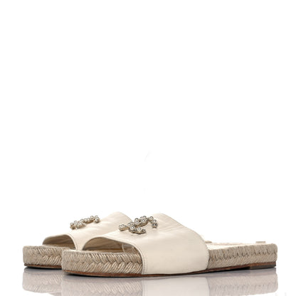 Chanel Lambskin Pearl CC Espadrille Slip On Sandals 37.5 Ivory 3 of 9