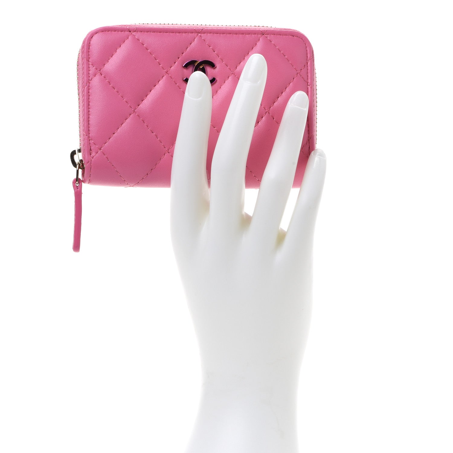 Chanel Lambskin Quilted Zip Around Coin Purse Wallet Pink Yellow 2 of 8