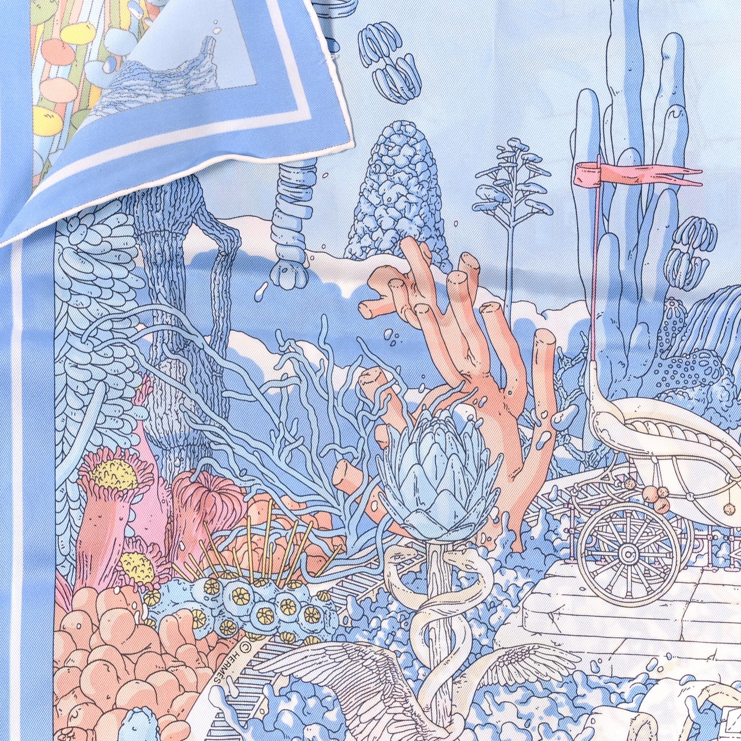 Vintage Silk Ex Libris Atlantis Scarf 70 Bleu Ciel Rose Jaune