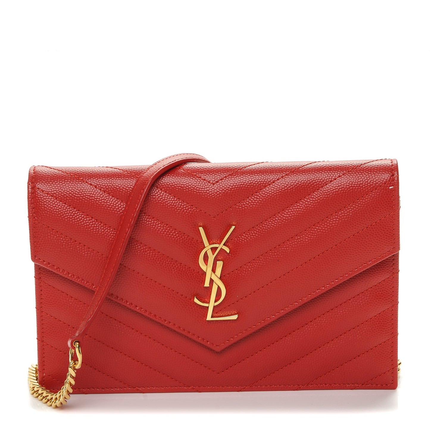 Grain De Poudre Matelasse Chevron Monogram Envelope Chain Wallet New Red