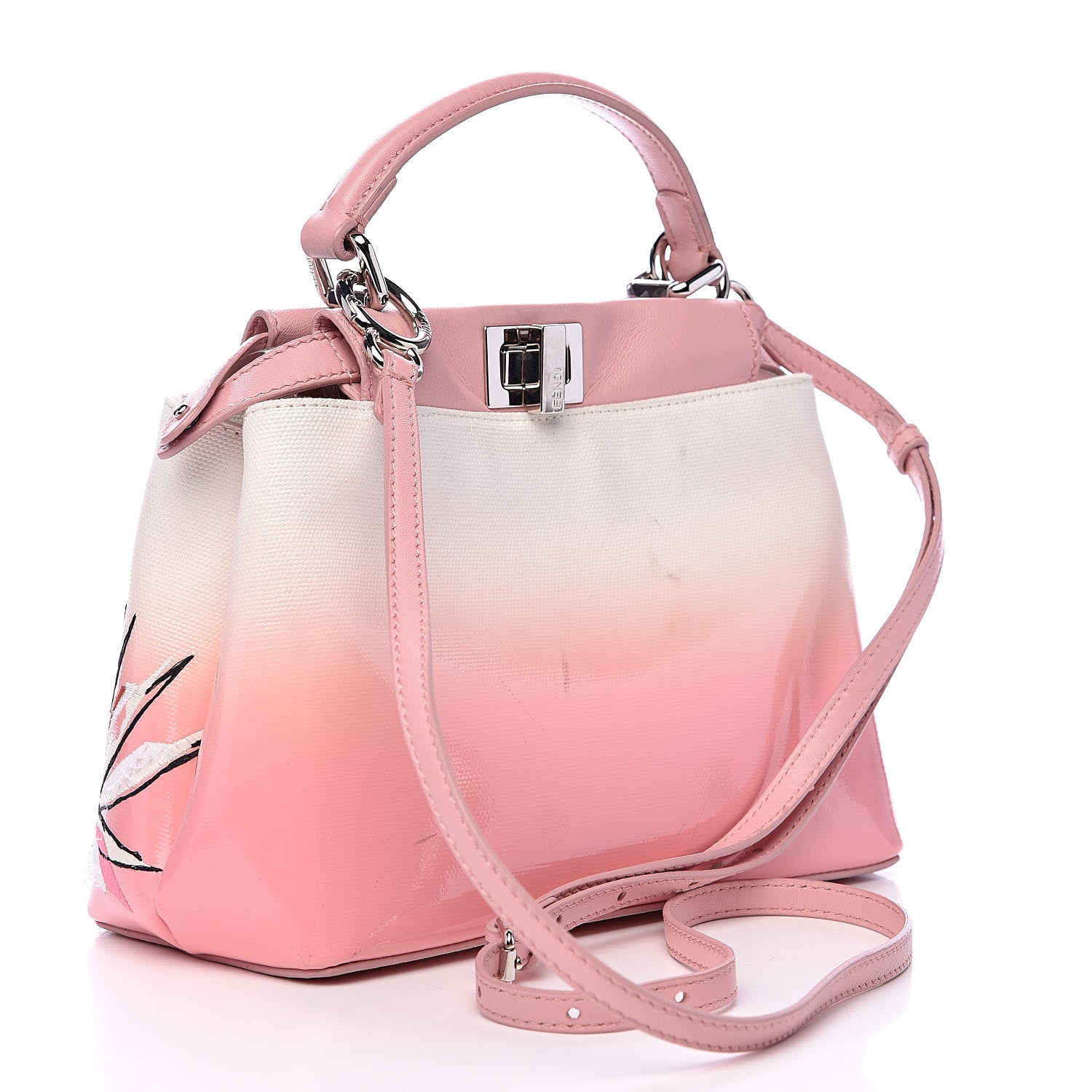 Fendi Nappa Canvas Patent Ombre Embroidered Bird Of Paradise Mini Peekaboo Iconic Satchel Pink 3 of 16