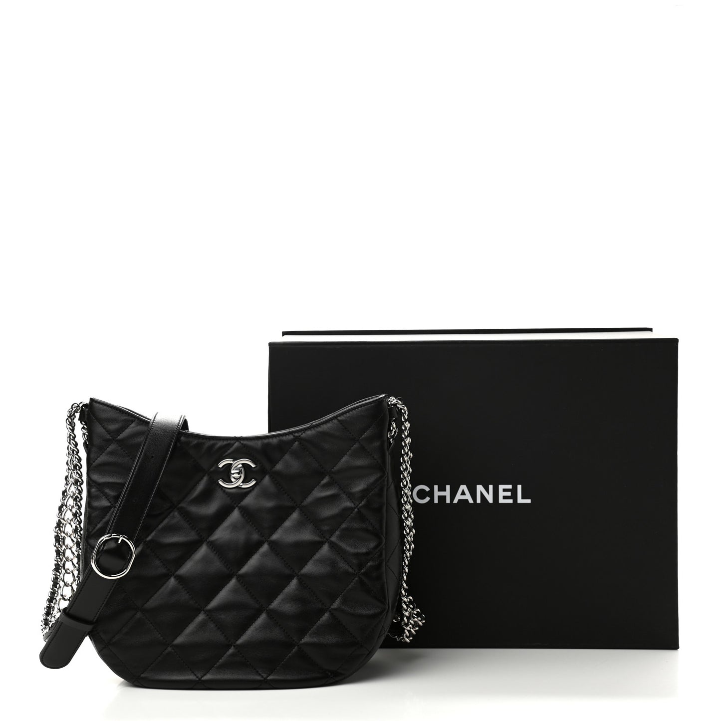 Lambskin Chain Rows Quilted Chain Hobo Black