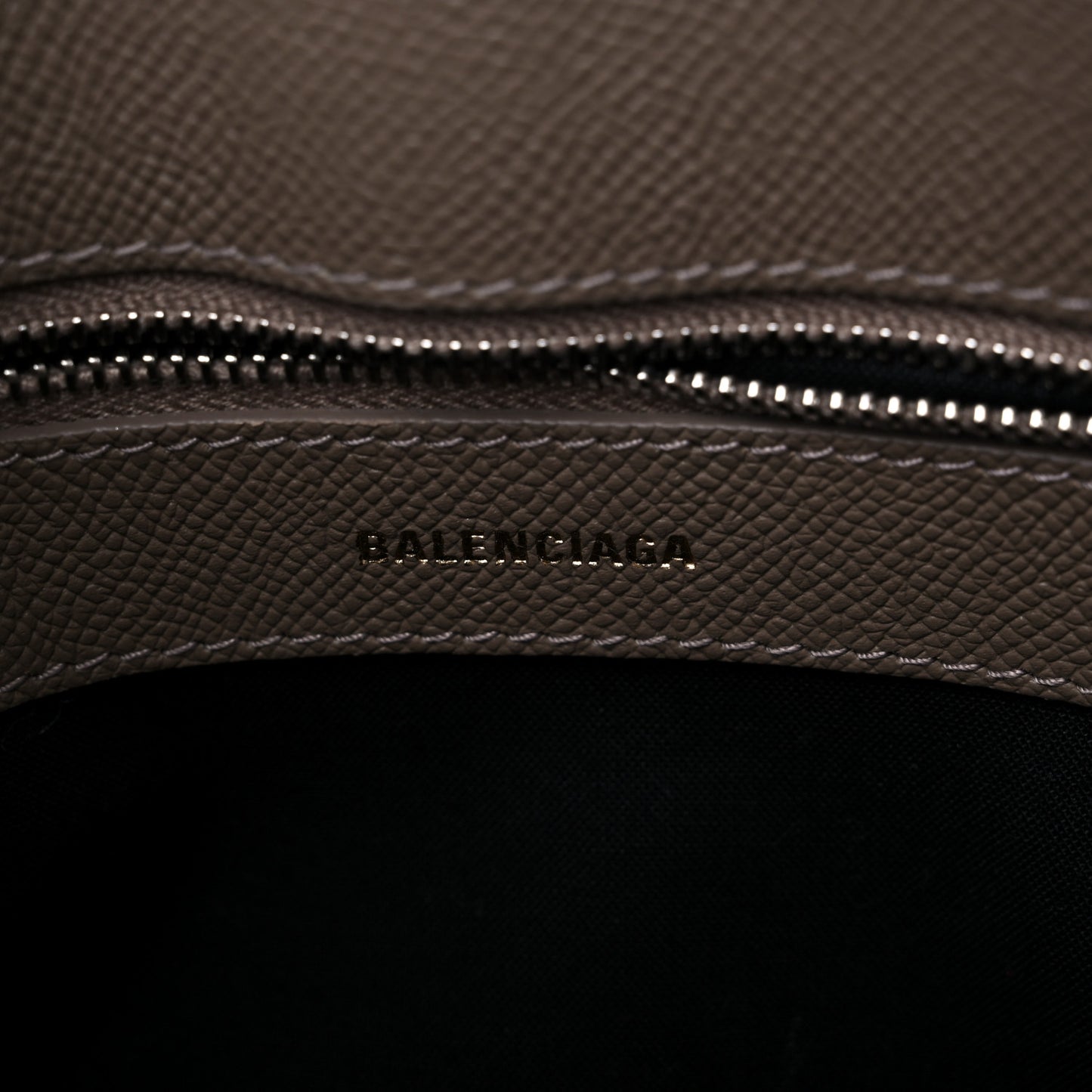 Signature Grained Calfskin Logo S Ville Top Handle Bag Mink Grey White