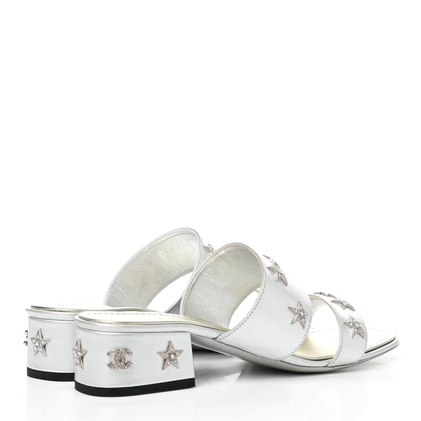 Iridescent Calfskin Crystal Stars Sandals 37 Silver