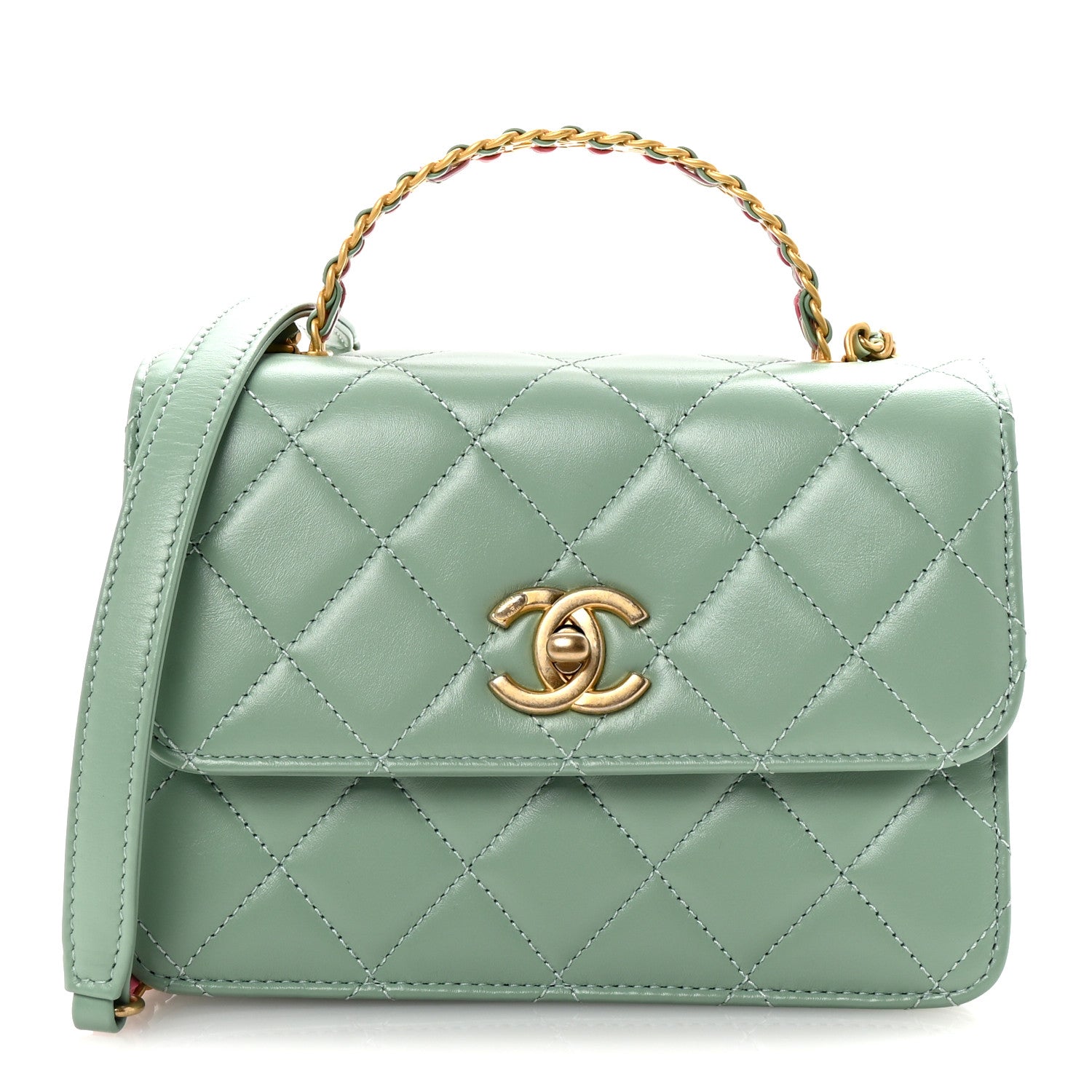 Chanel Shiny Calfskin Quilted Mini Metal Top Handle Flap Light Green 1 of 10