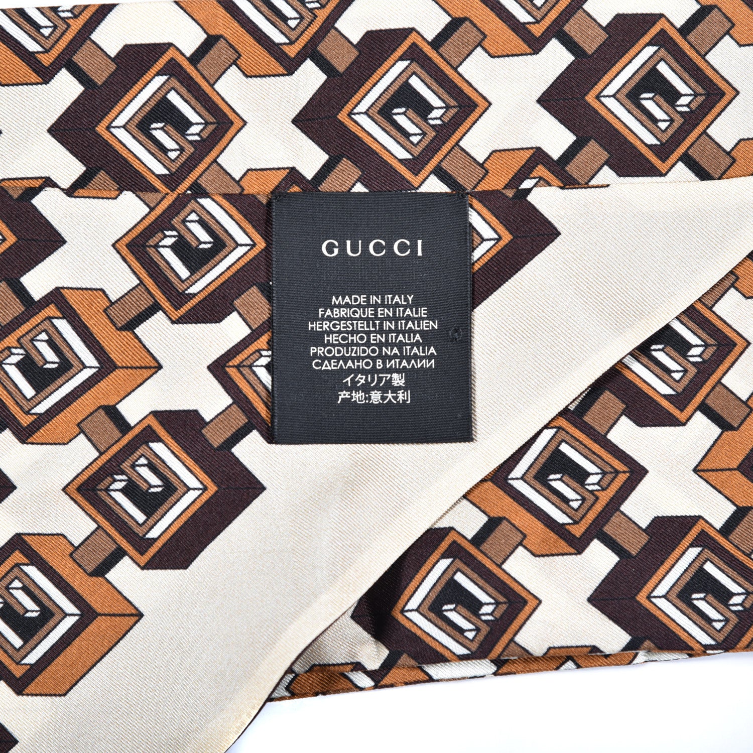 Gucci Silk Twill Isometric G Neck Bow Scarf Brown Ivory 6 of 6