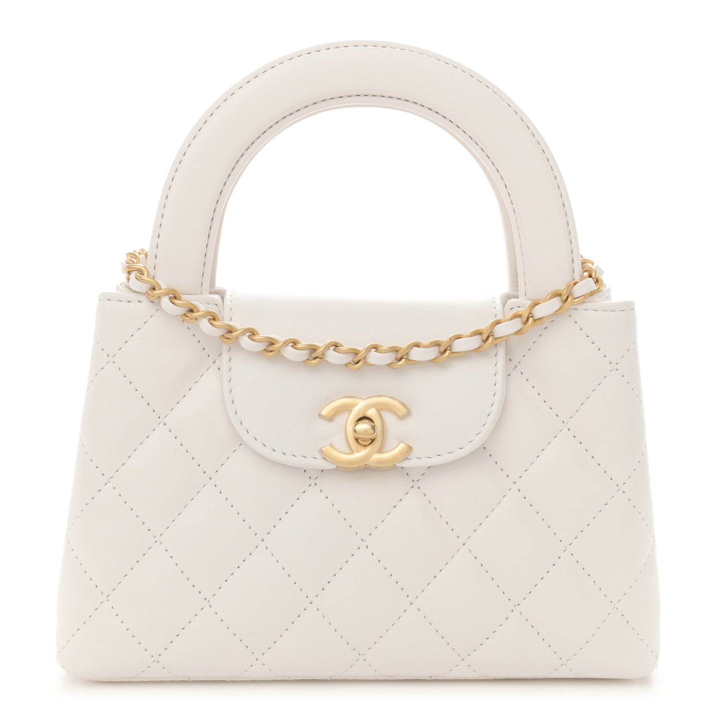 Shiny Aged Calfskin Quilted Nano Kelly Shopper White
