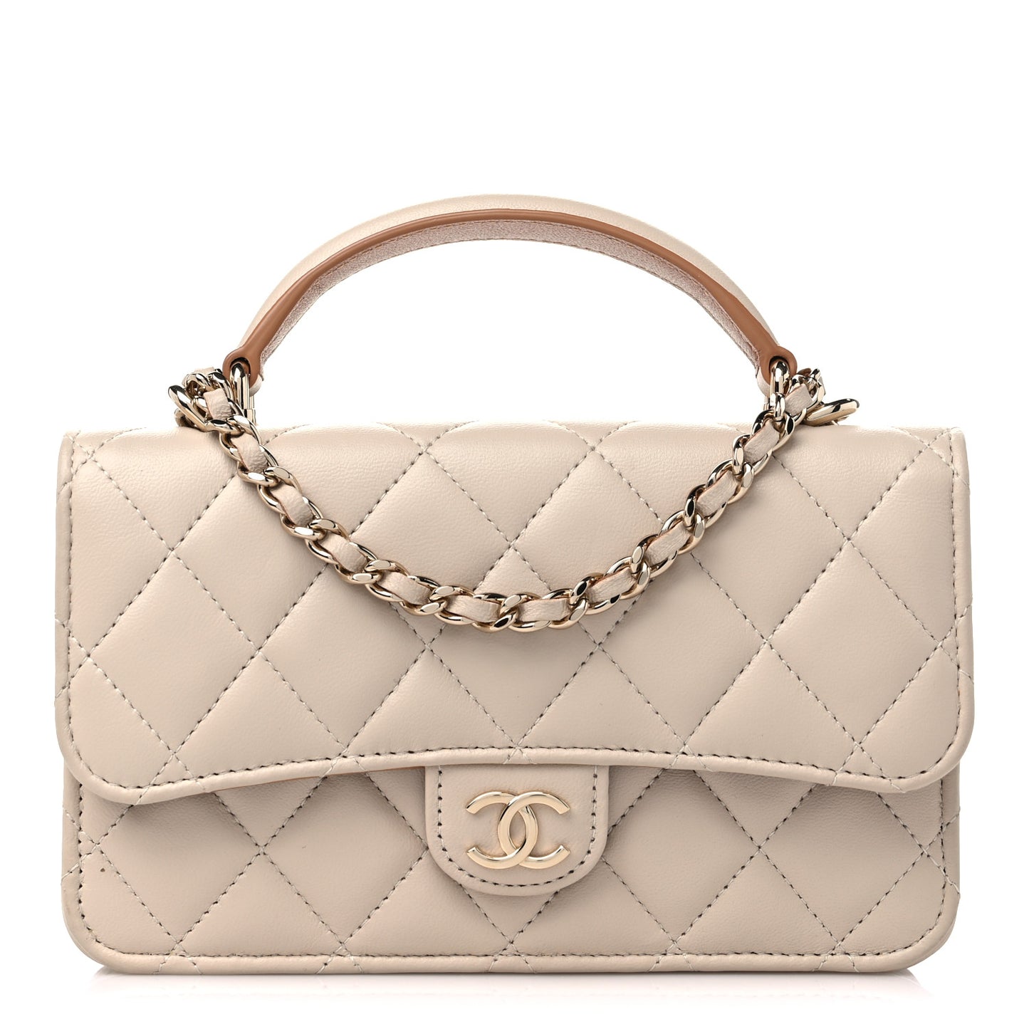 Lambskin Quilted Flap Phone Holder With Chain Beige Brown