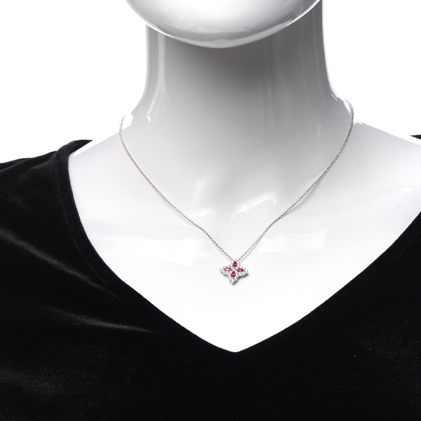 18K White Gold Diamond Ruby Princess Flower Pendant Necklace