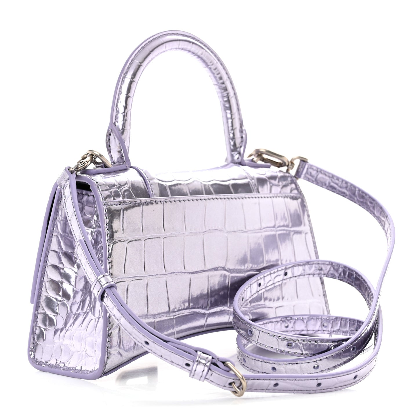 Metallic Calfskin Crocodile Embossed Hourglass Top Handle Bag XS Lilac