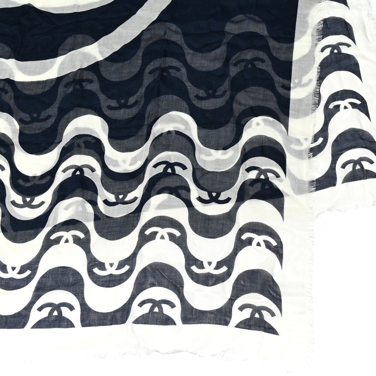 Cashmere Silk CC Fringe Stole Ecru Navy Blue