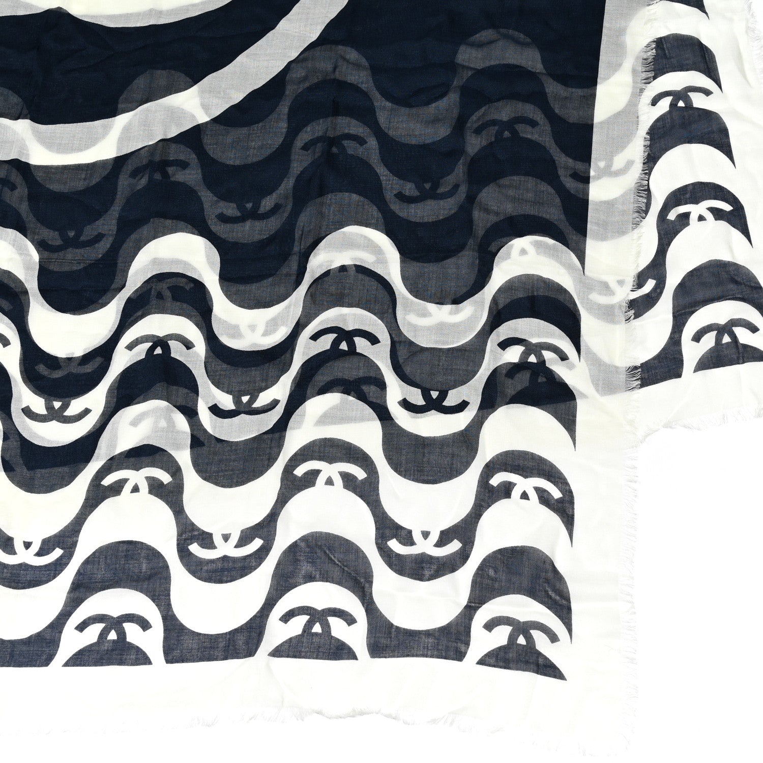 Chanel Cashmere Silk CC Fringe Stole Ecru Navy Blue 3 of 3