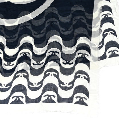 Chanel Cashmere Silk CC Fringe Stole Ecru Navy Blue 3 of 3