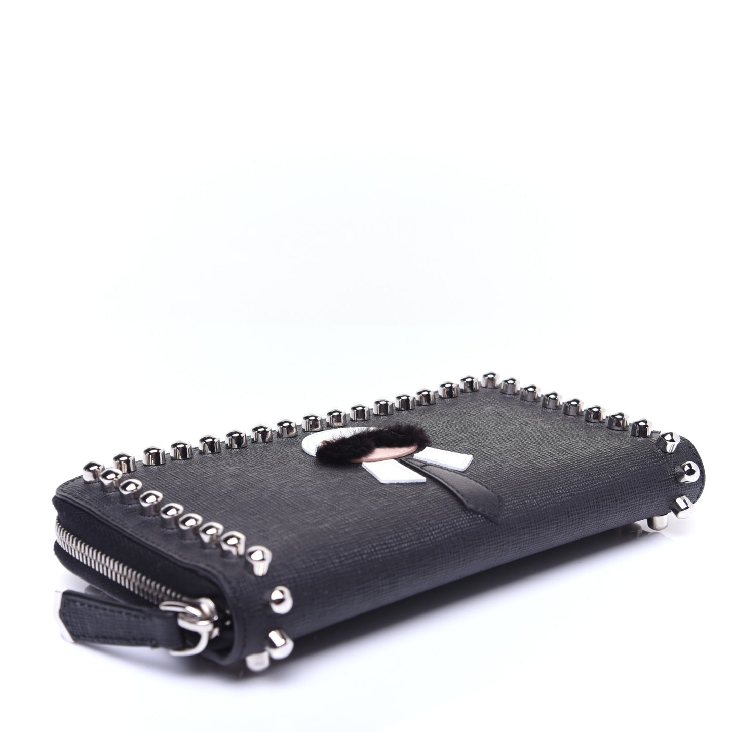 Vitello Elite Mink Fur Studded Karlito Zip Around Wallet Black
