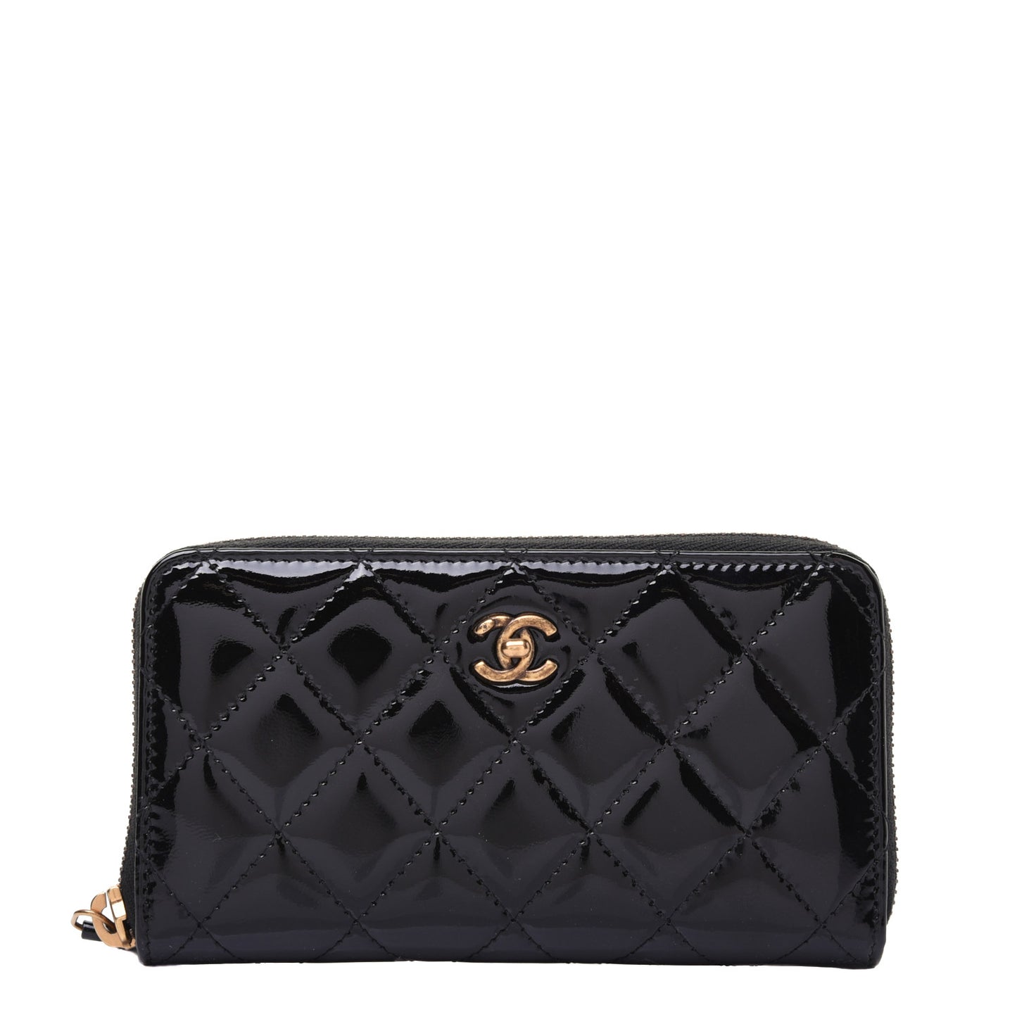 Patent Quilted Small Zip Around Wallet Black