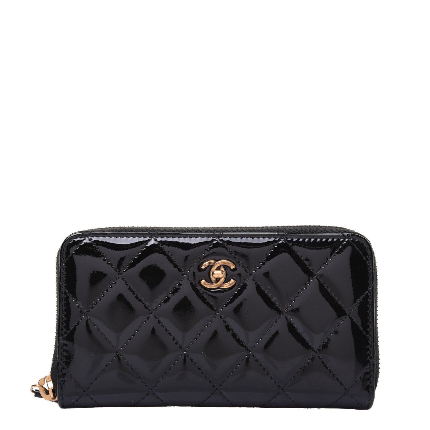 Chanel Patent Quilted Small Zip Around Wallet Black 1 of 12
