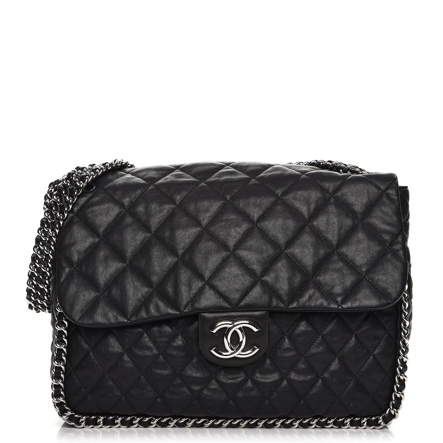 Washed Lambskin Quilted Maxi Chain Around Flap Black