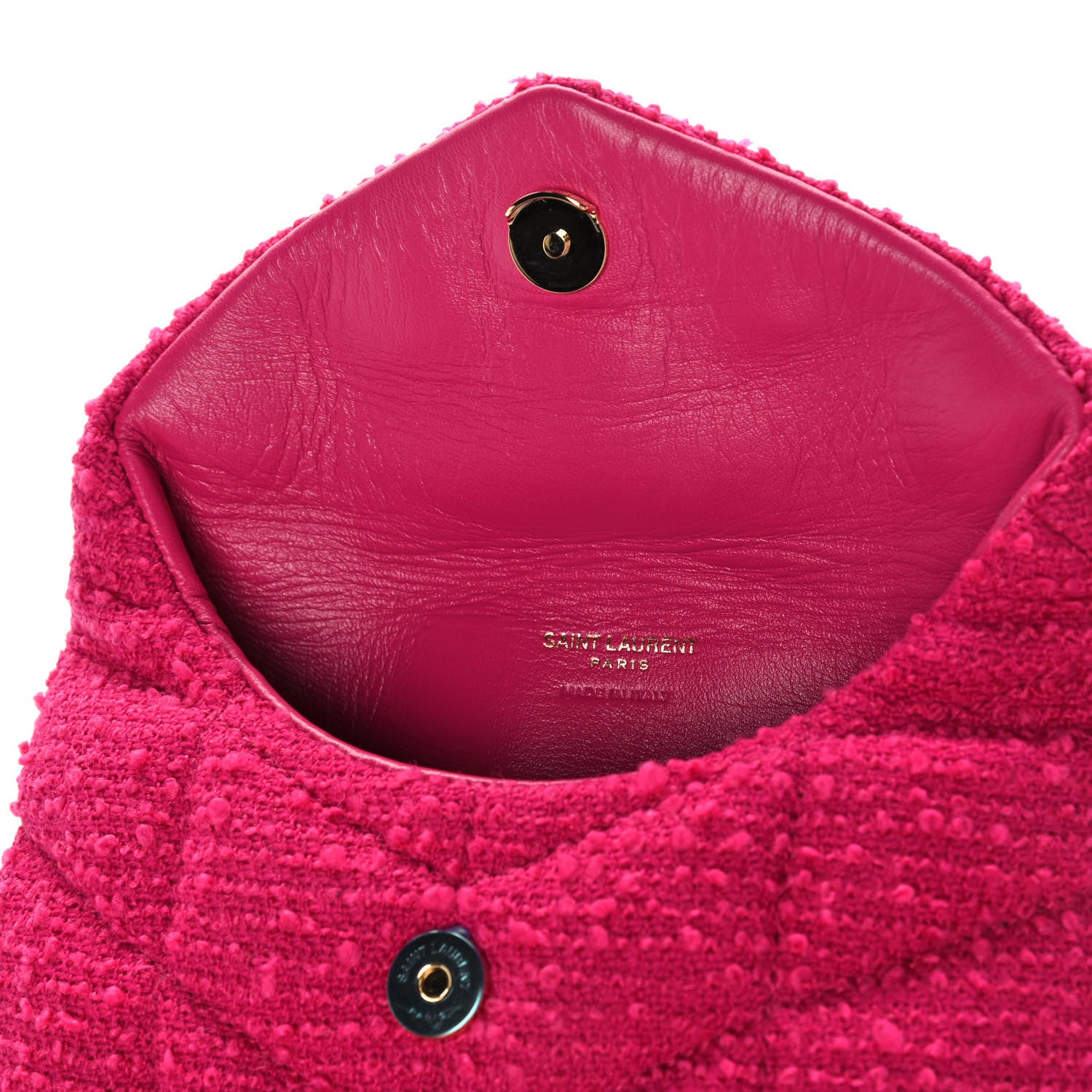 Saint Laurent Boucle Tweed Quilted Loulou Puffer Monogram Pouch Clutch Magenta 11 of 12