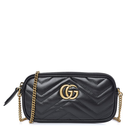 Gucci Calfskin Matelasse Mini GG Marmont Chain Crossbody Bag Black 1 of 11