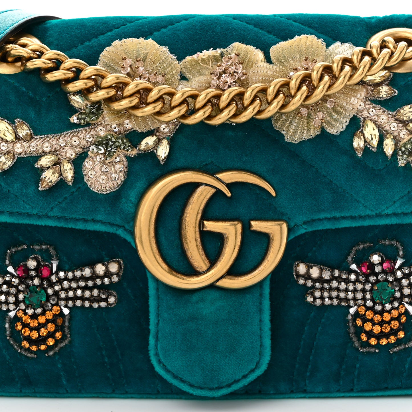 Velvet Matelasse Embroidered Mini GG Marmont Shoulder Bag Pavone Cyan