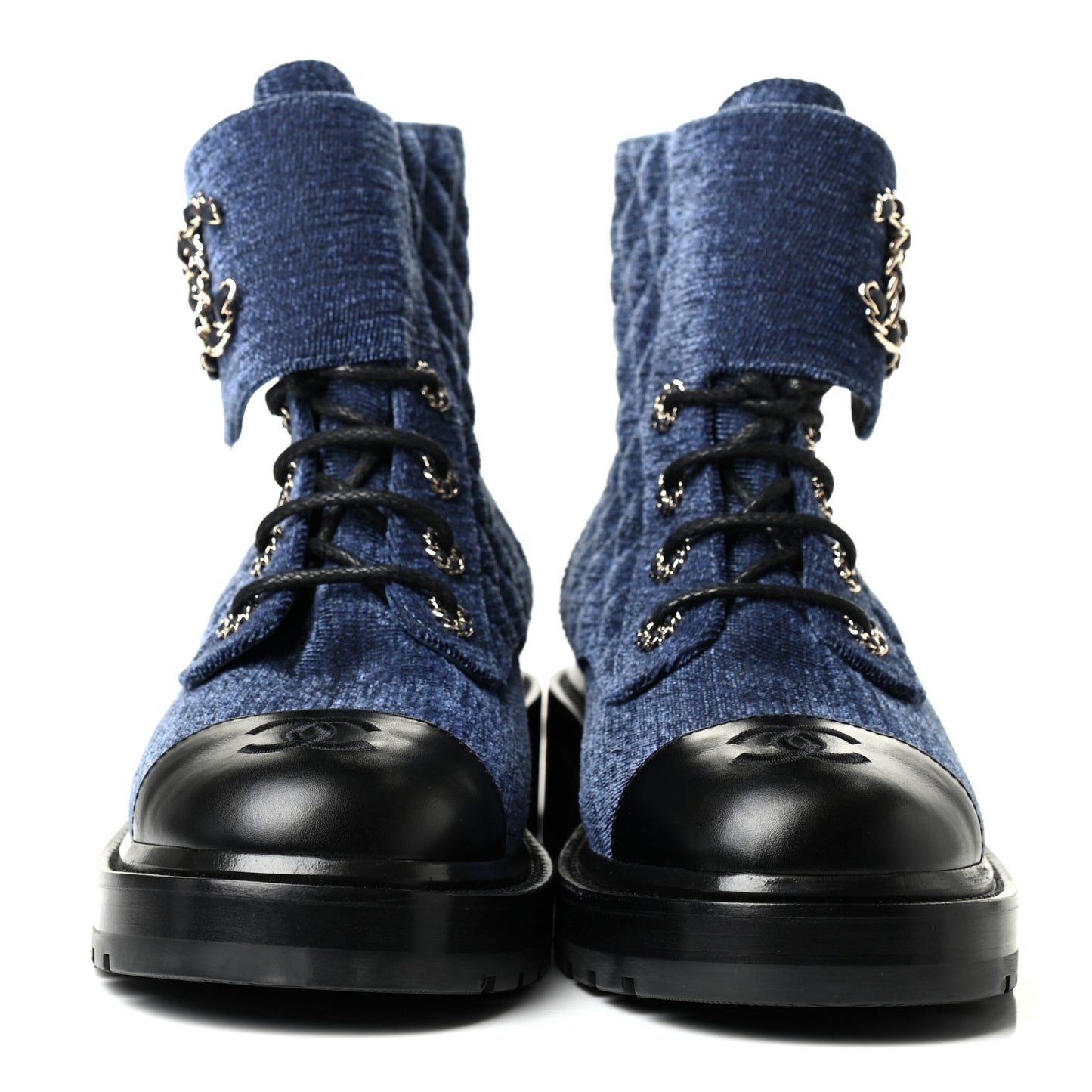 Shiny Calfskin Velvet Quilted Lace Up Combat Boots 39.5 Blue Black