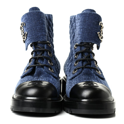 Chanel Shiny Calfskin Velvet Quilted Lace Up Combat Boots 39.5 Blue Black 2 of 4