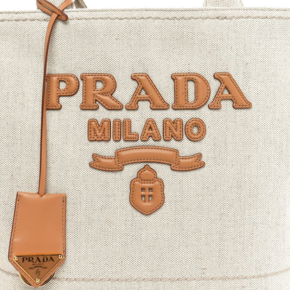 Prada Linen Vitello Large Logo Tote Natural 7 of 9