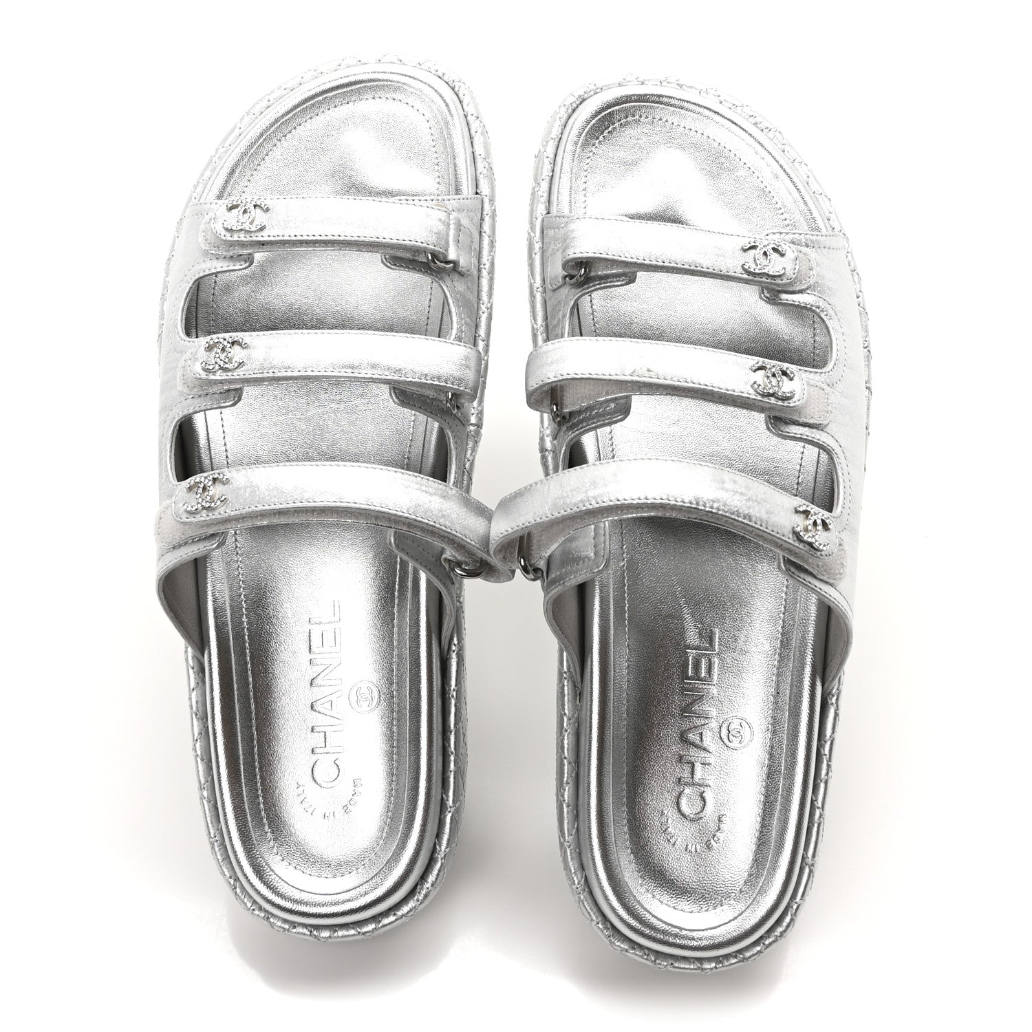 Chanel Laminated Lambskin Quilted Velcro Crystal CC Dad Slide Sandals 40 Silver 3 of 18