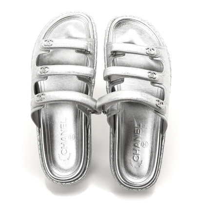 Chanel Laminated Lambskin Quilted Velcro Crystal CC Dad Slide Sandals 40 Silver 3 of 18