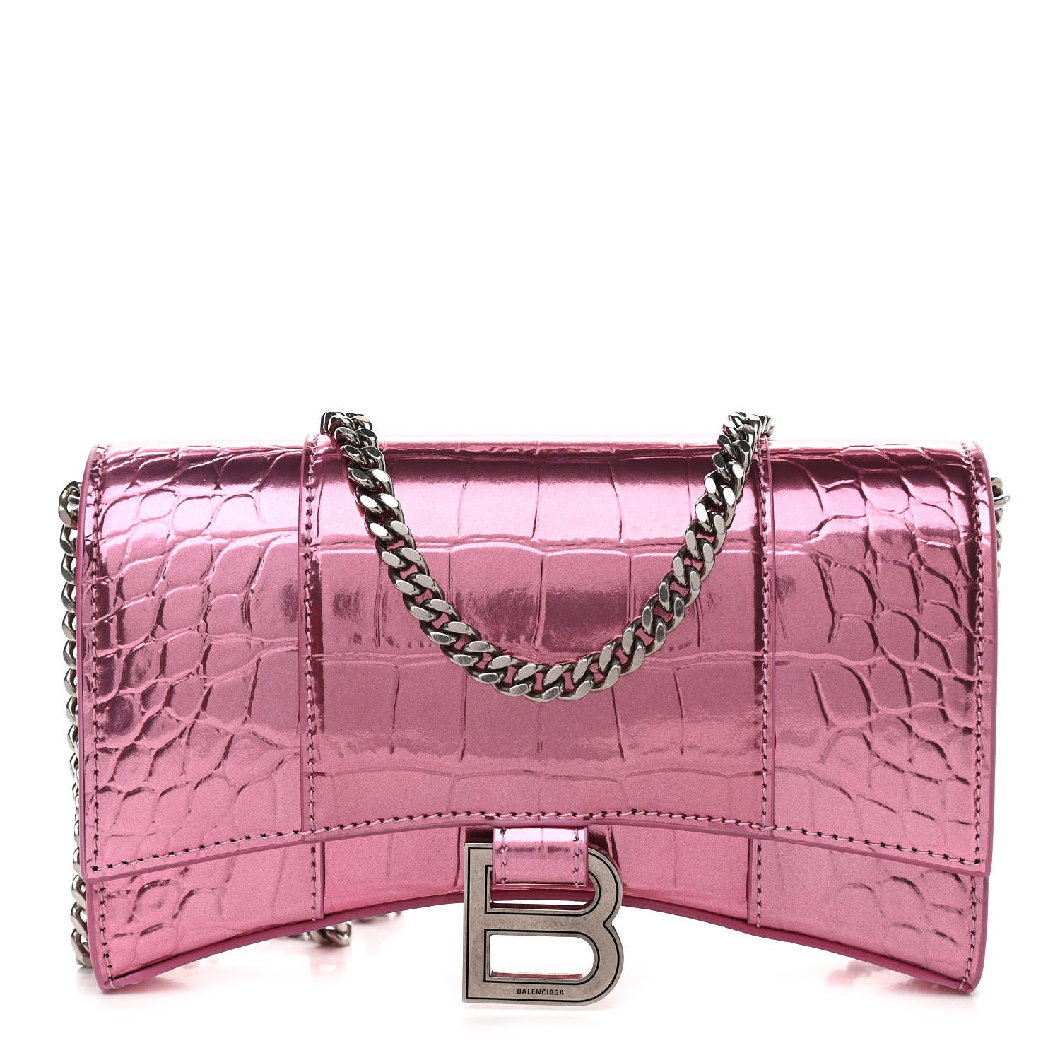 Balenciaga Metallic Shiny Calfskin Crocodile Embossed Hourglass Chain Bag Pink 1 of 9