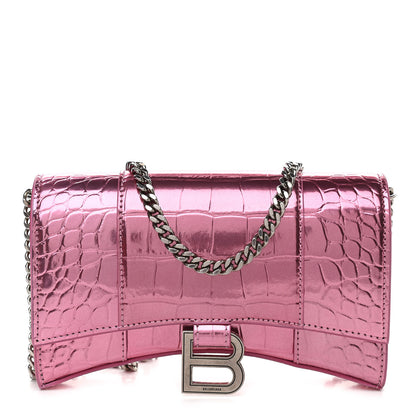 Balenciaga Metallic Shiny Calfskin Crocodile Embossed Hourglass Chain Bag Pink 1 of 9