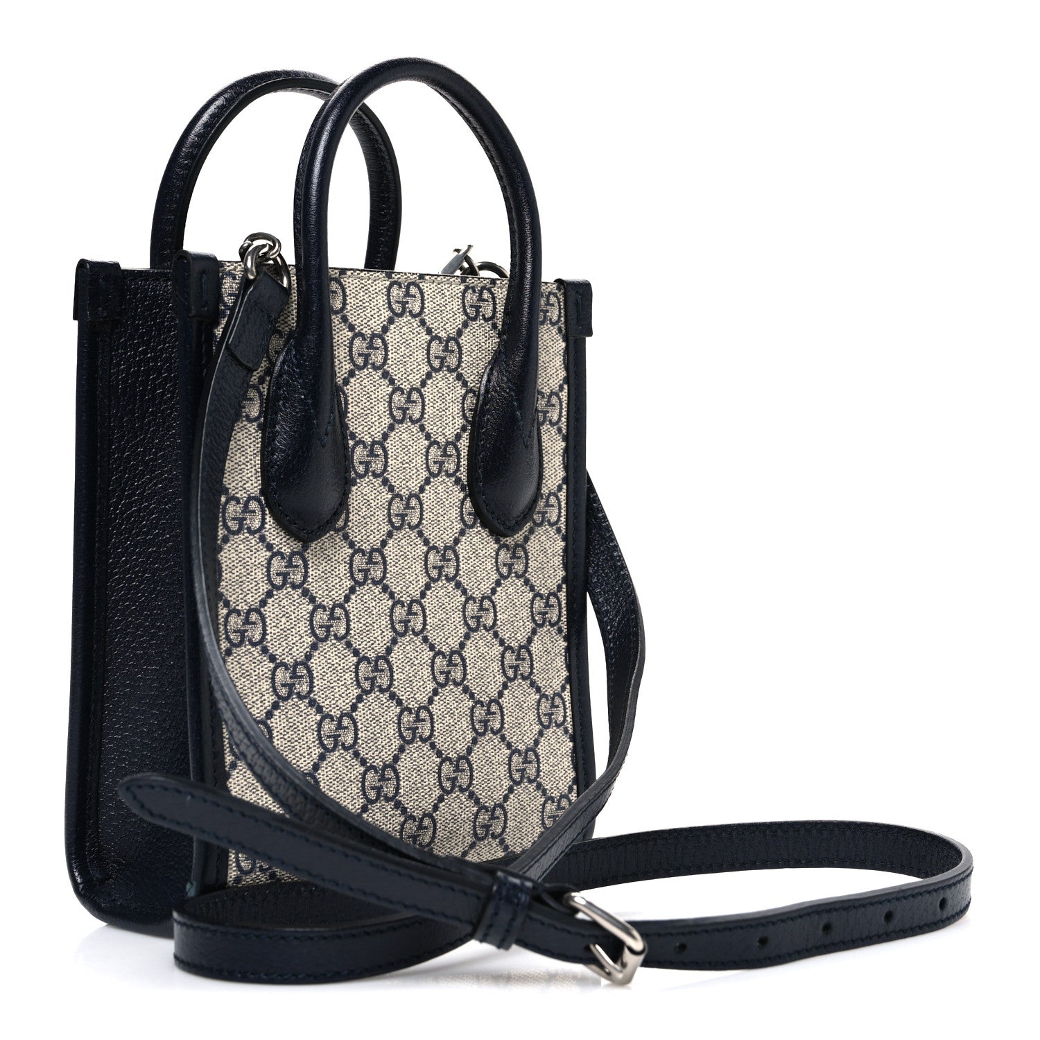 Gucci GG Supreme Monogram Textured Dollar Calfskin Mini Retro Interlocking G Tote Bag Beige Blue 3 of 10